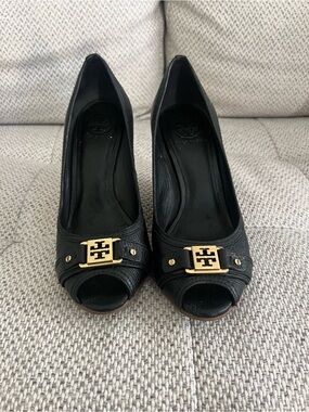 Tory Burch Black Leather Peep-Toe Heels with Gold Logo